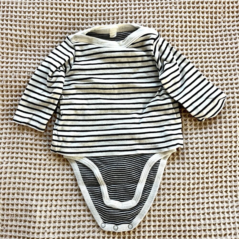 Petit Bateau White and Black Striped Long-Sleeve Baby Bodysuit